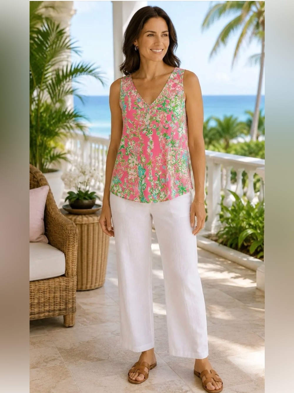 NWOT Lilly Pulitzer Cipriani Silk Pink Floral V-Neck Tank Top Large